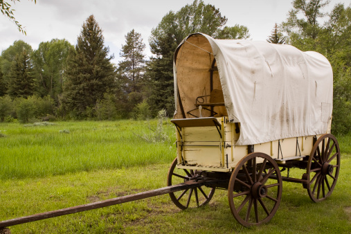 Covered wagon with green background.