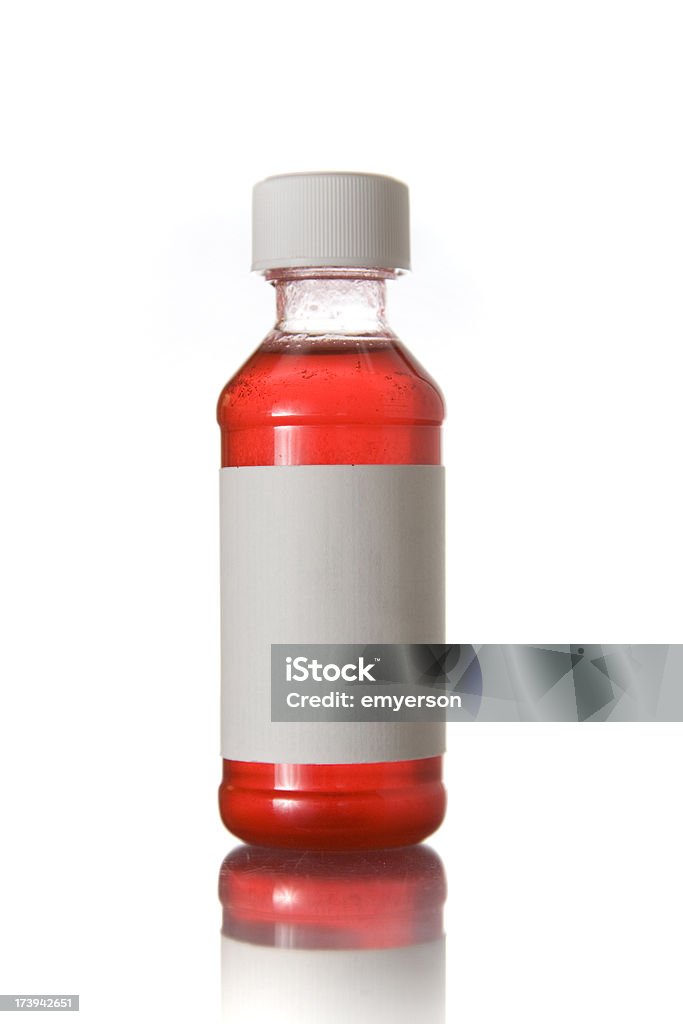 Cough Syrup "A bottle of cough syrup with a blank label, isolated on white with a reflection." Cough Medicine Stock Photo