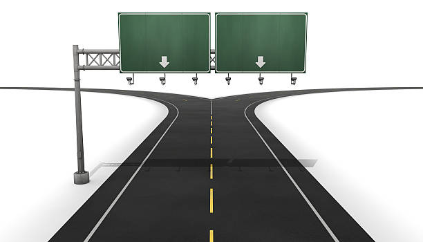 Fork in the road with blank sign on a white background.