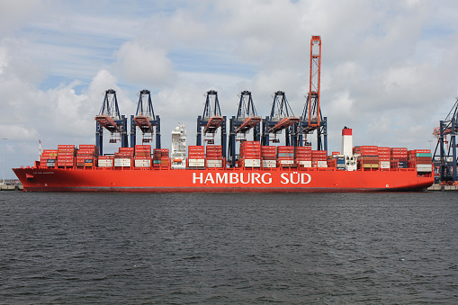 Maasvlakte, Netherlands - June 18, 2015: Hamburg Süd container ship Cap San Augustin moored at the Euromax Terminal