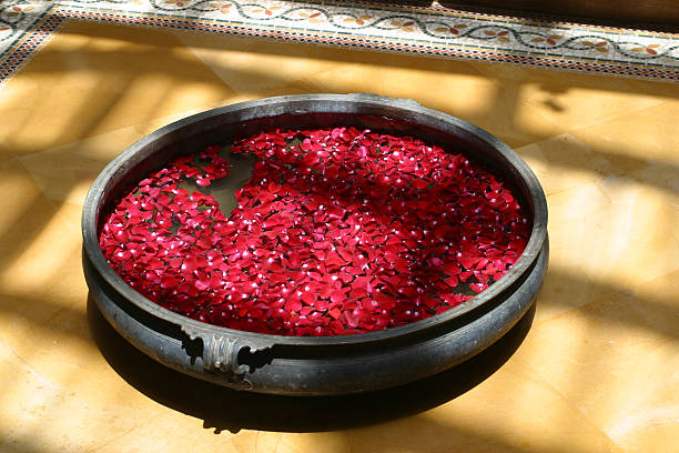 Rose petals floating with an iron bath - traditional decoration found in Indian Palaces
