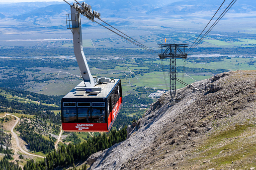 Jackson Hole Wyoming - September 8 2023: The Aerial Tram Taking Visitors and Tourist up to the Mountain in Jackson Hole Wyoming