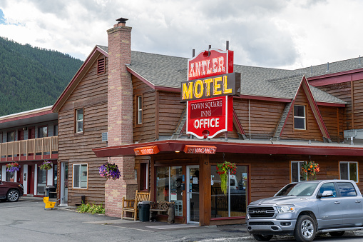 Jackson Wyoming - September 8 2023: Neon Sign for the Antler Motel in Jackson Wyoming