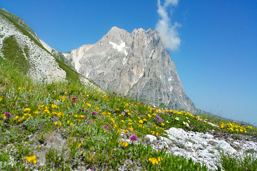 Corno Grande, at 2.912 mt the highest peak of the whole Appennini range, photographed from Monte Aquila: both the mountains are part of the Gran Sasso range, in the Abruzzo region of Italy