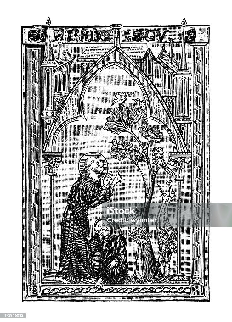 Святой Francis Assisi переговоров для птиц, Около XIII века - Стоковые иллюстрации Франциск Ассизский роялти-фри