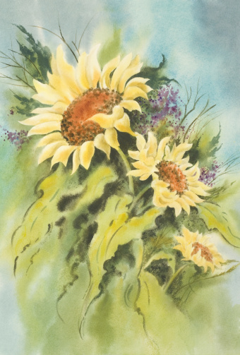 A colorful group of stylized sunflowers are surrounded by soft shades of blues and greens. This loose wet-in-wet traditional floral watercolor by me, shows the texture of handmade cotton paper and the charm of soft translucent color transitions.