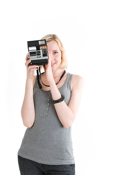Smile Beautiful woman making photo of you. Isolated on white cute id pictures stock pictures, royalty-free photos & images