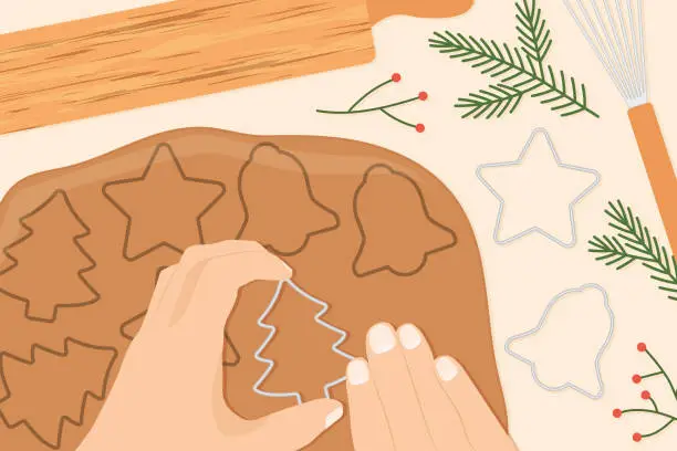 Vector illustration of preparing of homemade christmas gingerbread cookies