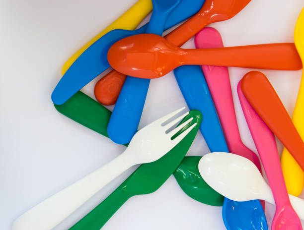 istock Plastic color spoons on the white background. 1739465070