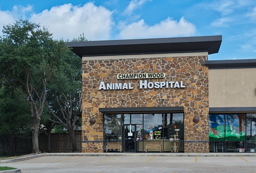 Spring, Texas USA 09-24-2023: Champion Wood Animal Hospital business storefront exterior in Spring, TX. Local veterinary clinic in the Greater Houston area.