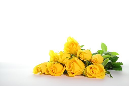 Yellow roses romantic bouquet on white background, mockup card
