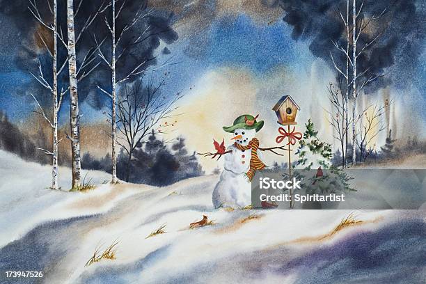 Ilustración de Muñeco De Nieve De Regalo A Los Pájaros y más Vectores Libres de Derechos de Navidad - Navidad, Anticuado, Muñeco de nieve