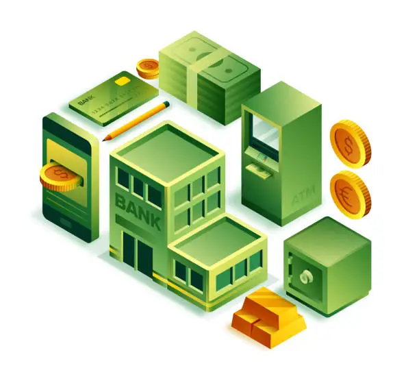 Vector illustration of Vector Illustration of Money Isometric Icon and Three Dimensional Design. Digital Money, Coin, Wallet, Credit Card, Banking, Dollar Sign, Money Bag, Wealth, Making Money.