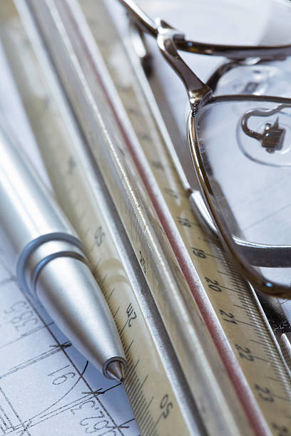 istock Blueprint  with pen, ruler and glasses 173948667