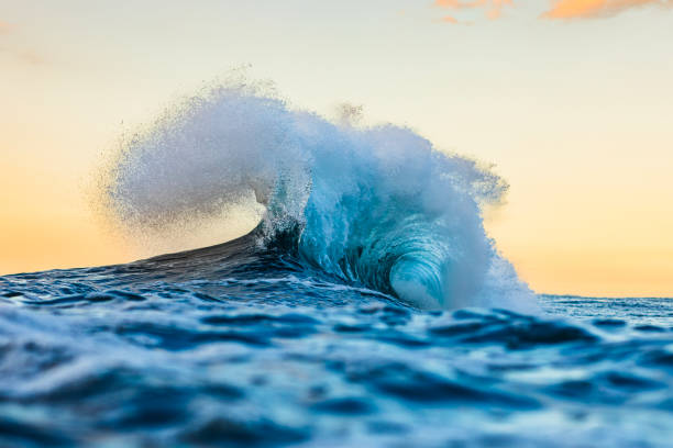 istock Blue flaring wave in the ocean against a soft warm morning sky 1739488775