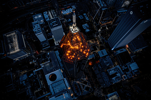 The BOA tower in Atlanta, GA. Taken at about 1200' AGL looking down on the building at an angle at night.