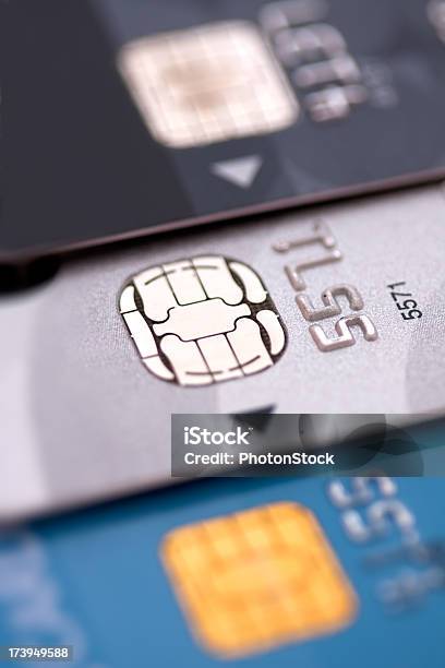 Three Colors Of Credit Cards Macro Shot Stock Photo - Download Image Now - Credit Card, Blue, Gold - Metal