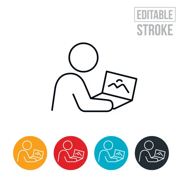 Vector illustration of Person Editing Photographs On Laptop Thin Line Icon - Editable Stroke