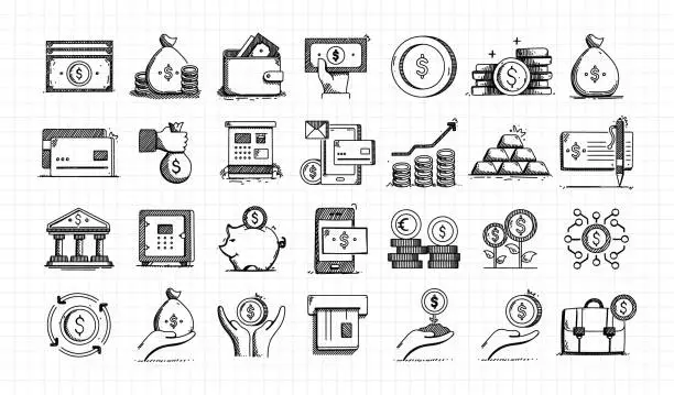 Vector illustration of Money Hand Drawn Sketch and Vector Doodle Line Icon Set, Digital Money, Coin, Wallet, Wealth, Investment, Banking, Budget, Finance, Payment, Money Bag, Credit Card, Save Money, Money Growth.