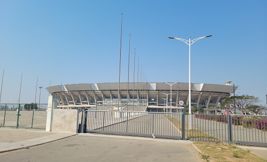 Exterior view of zimpeto National stadium main gate in Maputo, Mozambique southern of africa with modern industrial architecture
