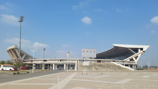 Exterior view of zimpeto National stadium main gate in Maputo, Mozambique southern of africa with modern industrial architecture