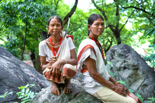 ジャングルで働くオリッサ地方のランジアサウラ民族グループの2人の女性 - indian costume ストックフォトと画像