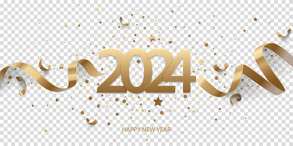 Happy New Year 2024. Golden numbers with ribbons and confetti, isolated on transparent background.