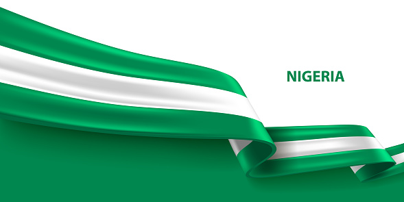 Nigeria 3D ribbon flag. Bent waving 3D flag in colors of the Nigeria national flag. National flag background design.