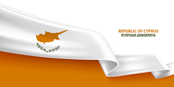 Cyprus 3D ribbon flag. Bent waving 3D flag in colors of the Cyprus national flag. National flag background design.