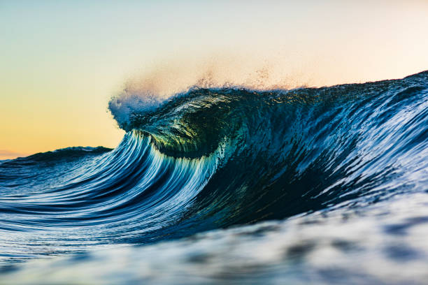 istock Single wave breaking in the ocean with warm morning light 1739530825