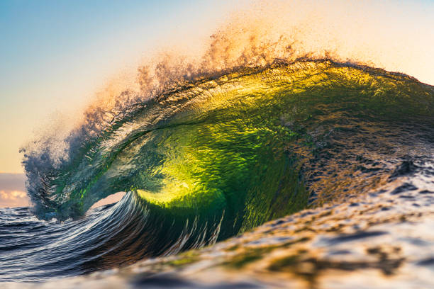 istock Single wave breaking in the ocean with warm morning light 1739530852