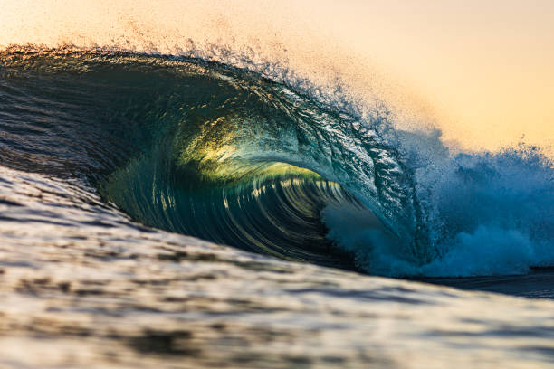 istock Single wave breaking in the ocean with warm morning light 1739530910