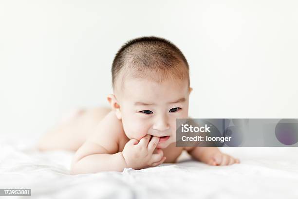 Photo libre de droit de Nu Petit Garçon Bébé Ramper Sur Fond Blanc Lit banque d'images et plus d'images libres de droit de 0-11 mois - 0-11 mois, 2-5 mois, Allongé sur le devant