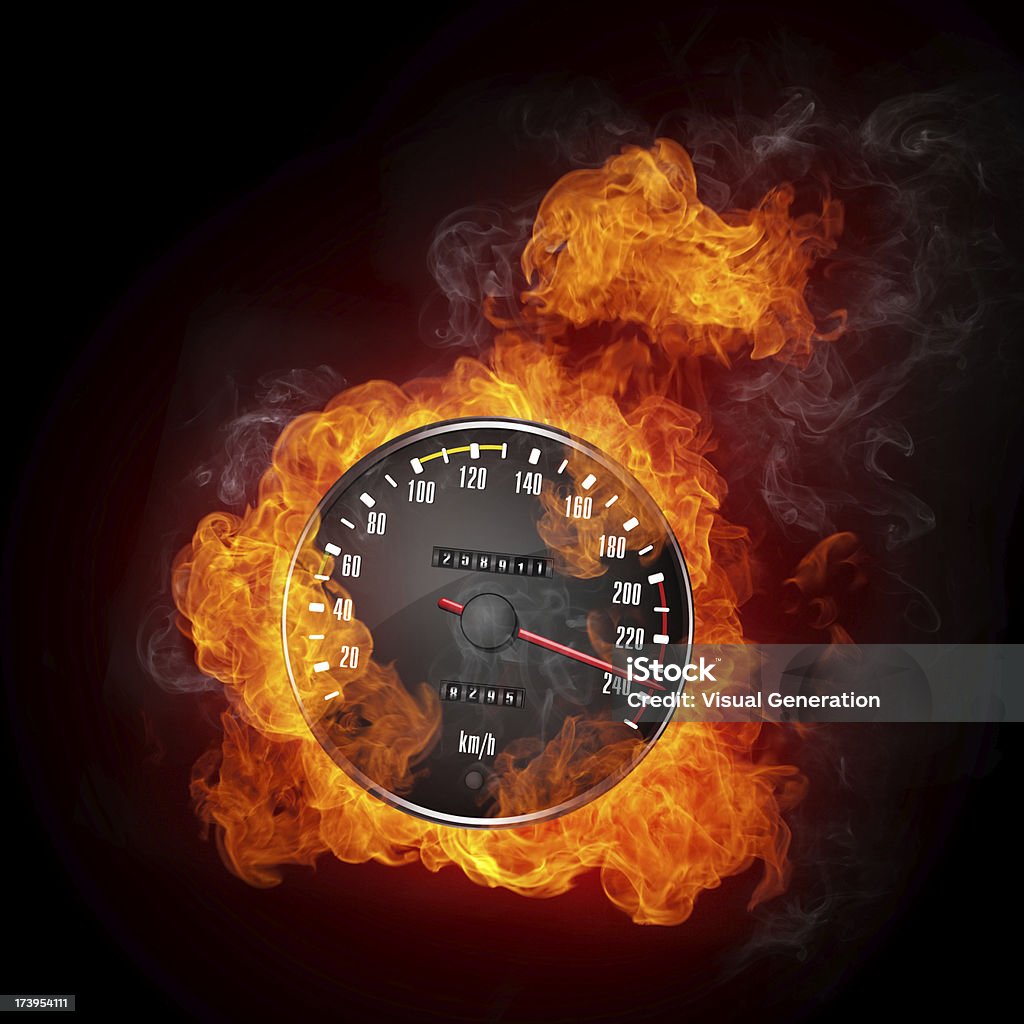 Speedometer showing 235 mph and flames coming from behind it Speedometer in Fire Isolated on Black Background Fire - Natural Phenomenon Stock Photo