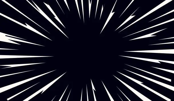 Vector illustration of Abstract Comic Book Style Flash Explosion. Radial Lines on Black Background. Vector Anime Illustration Design. Bright White Light Thunder Burst. Flash Electric Glow. Speed Lines Manga Frame