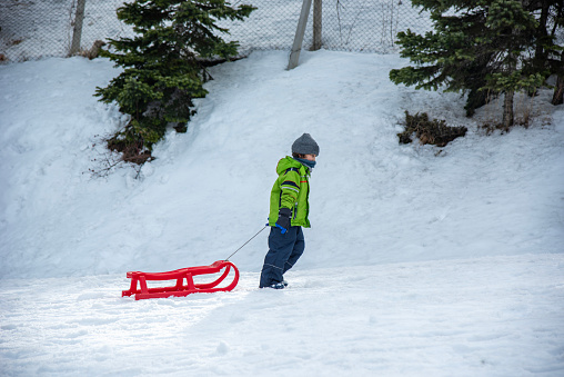 Kids on sleigh. Children sled. Winter snow fun, ilgaz ski center.