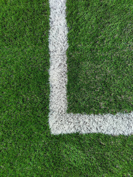 close up of left corner of penalty box on soccer ptich. - corner marking fotos imagens e fotografias de stock