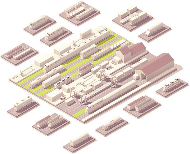 Isometric railroad yard Vector isometric rail yard with set of railroad cars and locomotives shunting yard stock illustrations