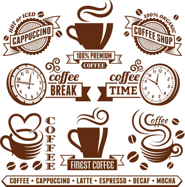ilustraciones, imágenes clip art, dibujos animados e iconos de stock de cafetería elegantes vectores libres de derechos, arte vectorial libre de derechos de, de la colección - coffee cup coffee coffee crop coffee bean