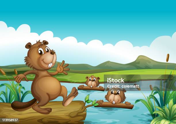 Beavers A Tocar No Rio Com Woods - Arte vetorial de stock e mais imagens de Animal - Animal, Azul, Castanho