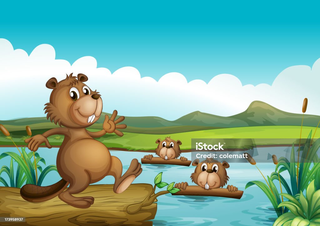 Beavers играет на реку в лесу - Векторная графика Без людей роялти-фри