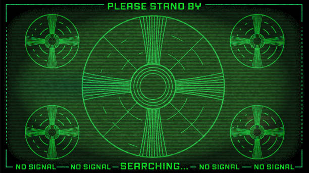 Old fashioned tv test screen pattern for television calibration retro green screen reads Please Stand By No Signal Searching Vector illustration of a Old fashioned tv test screen pattern for television calibration. 16:9 aspect ratio use for Full HD, 4k or higher resolution. Lot's of texture, fully editable. broken flat screen stock illustrations