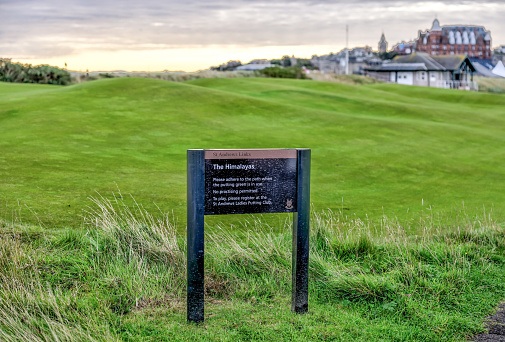 St Andrews, Scotland - September 22, 2023: Views along fairways and tee boxes of the Old Course in St Andrews in Scotland