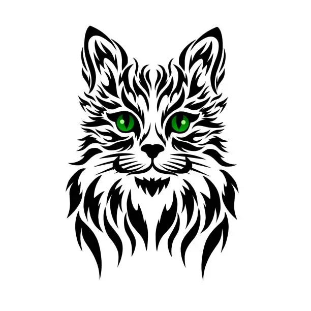 Vector illustration of tribal art tattoo face cat with green eyes