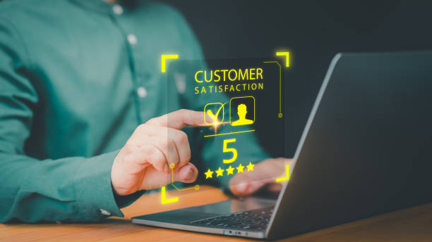 istock Customer service and assessment satisfaction concept. Client give rate 5 star to give satisfaction in service, rating very impressed. Testimonial, online review, good mood, feedback, best quality. 1739617537
