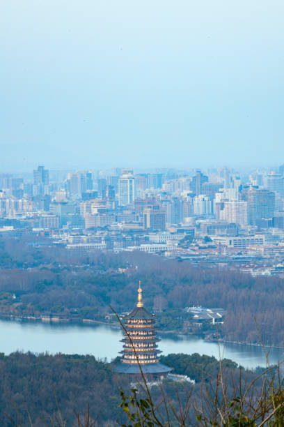 hangzhou city, zhejiang province - aerial photography of west lake, leifeng pagoda and city skyline - moscow river 뉴스 사진 이미지