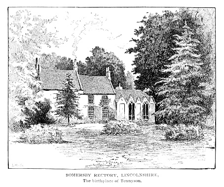The house where Alfred Tennyson was born at Somersby Rectory, Lincolnshire, England. Illustration published 1892. The original edition is in my archives. Copyright has expired and is in Public Domain.
