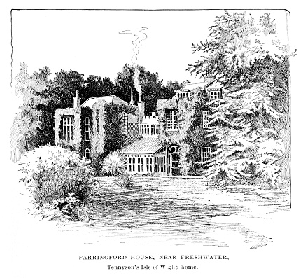 The Farringford house where Alfred Tennyson, lived on Isle of Wight, England. Illustration published 1892. The original edition is in my archives. Copyright has expired and is in Public Domain.