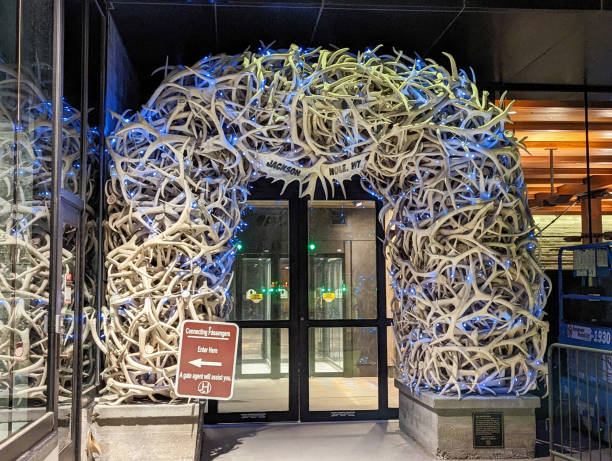 Jackson Hole, WY - October 6 2023:  Archway made of antlers at the entrance to Jackson Hole Airport