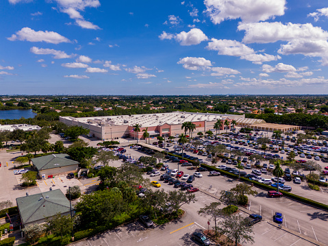 Pembroke Pines, FL, USA - October 15, 2023: Aerial drone photo Walmart Supercenter Pembroke Pines Silver Lakes
